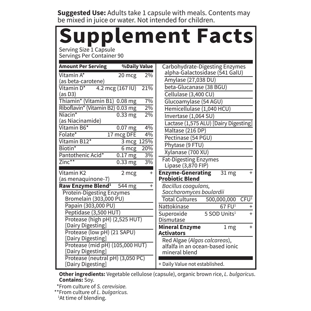 Garden of Life RAW Enzymes gluten-free vegetarian label closeup for clean ingredients