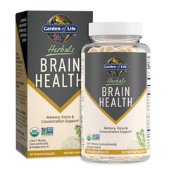 Garden of Life Brain Health bottle front, vegan capsules for daily cognitive support