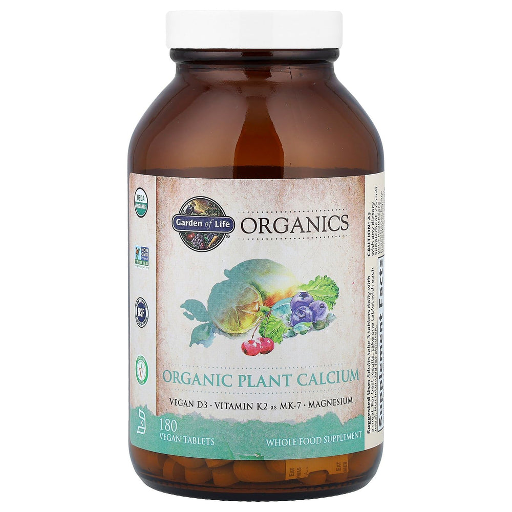 Garden of Life calcium plant-based formula label highlighting organic ingredients.