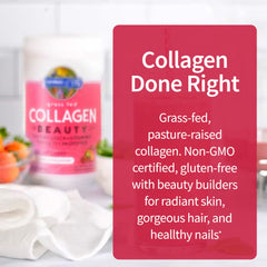 Garden of Life Collagen Beauty bottle label closeup showcases ingredients and certifications.
