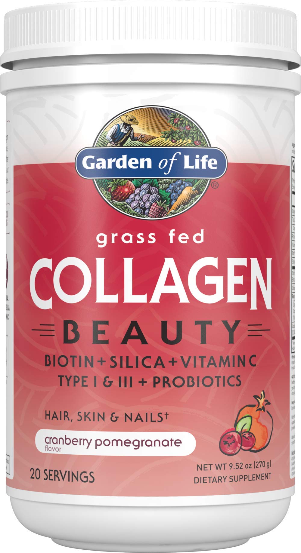 Garden of Life Collagen Beauty cranberry-pomegranate tub shown, supports hair, skin, and nails.