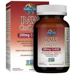 Garden of Life CoQ10 200mg softgels on bottle support cardiovascular function.