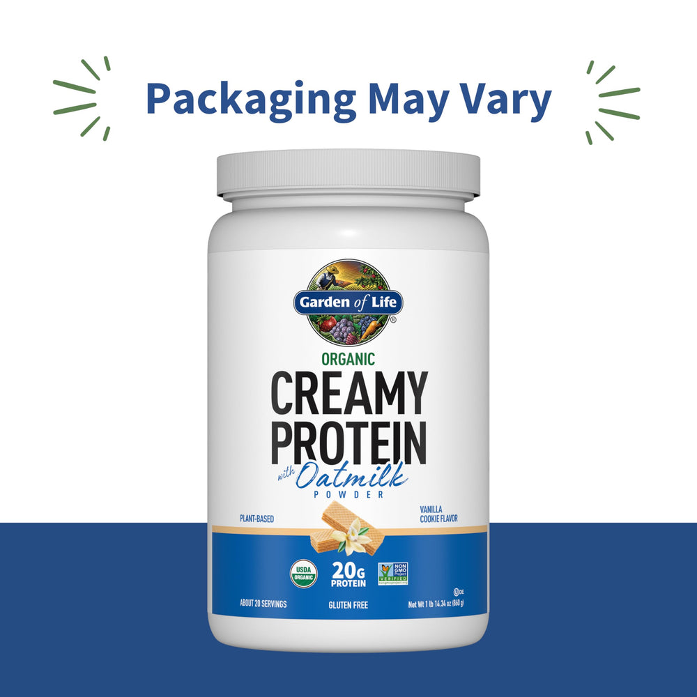Scoop of Garden of Life Creamy Plant Protein Vanilla Cookie for quick protein