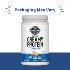 Scoop of Garden of Life Creamy Plant Protein Vanilla Cookie for quick protein