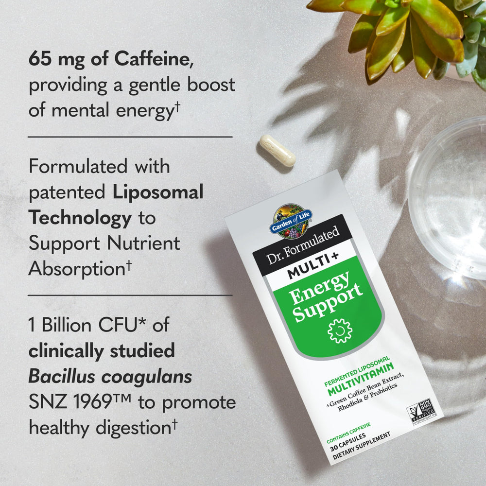 Garden of Life Dr. Formulated Multi+ Energy bottle pour enables quick daily energy support