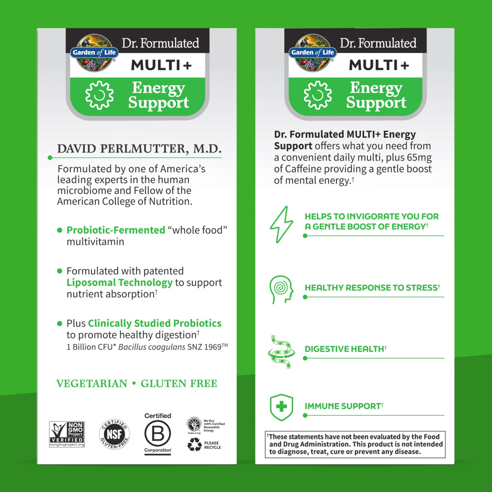 Garden of Life Multi+ Energy non-GMO gluten-free formulation shown