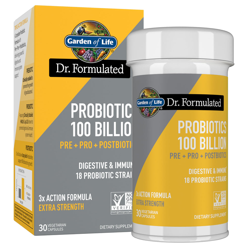 Garden of Life Dr Formulated probiotics bottle displaying 100B CFU for daily digestion support.