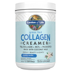 Garden of Life collagen creamer vanilla packaging shown, dairy-free protein boost for daily coffee.