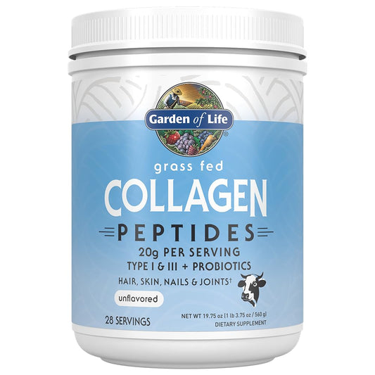 Garden of Life collagen peptides powder unflavored scoop added to a smoothie.