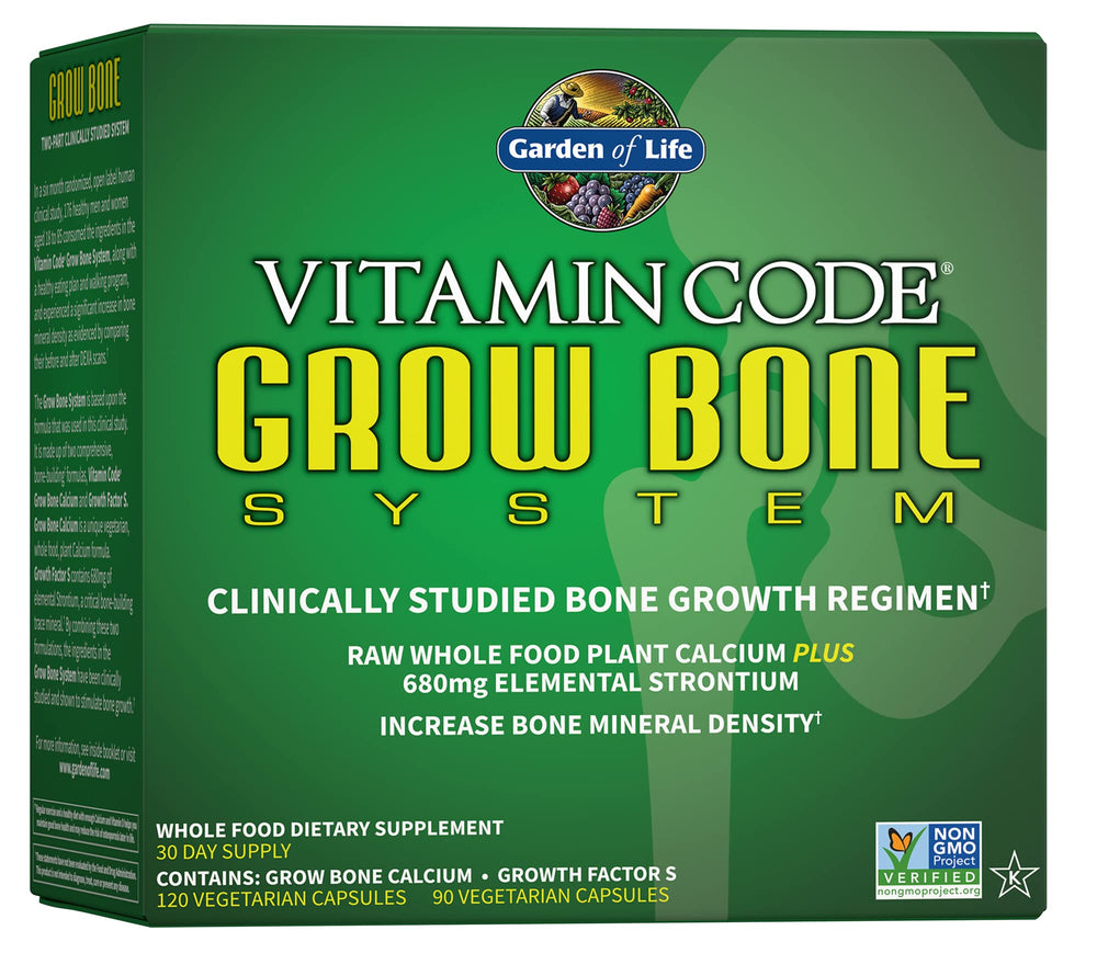 Garden of Life Grow Bone bottle showing raw plant calcium formula for bone health