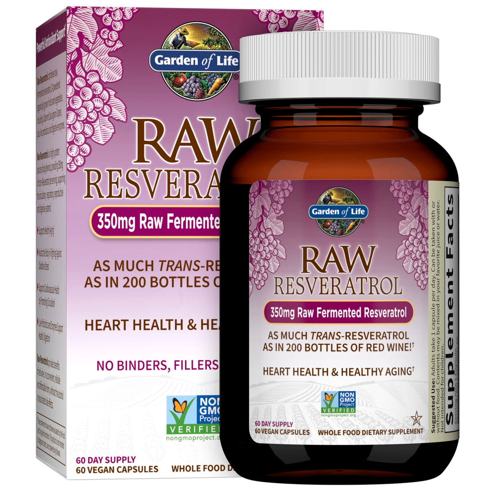 Garden of Life Heart Resveratrol bottle showing 60 vegan capsules for daily antioxidant support.