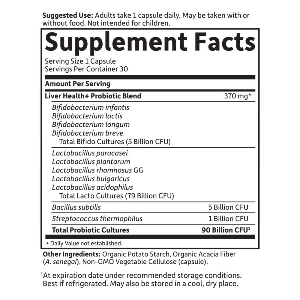 Garden of Life Liver Health+ label details 11 probiotic strains.