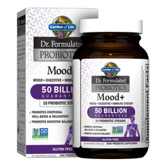Garden of Life Mood+ bottle front with probiotic blend for daily balance.