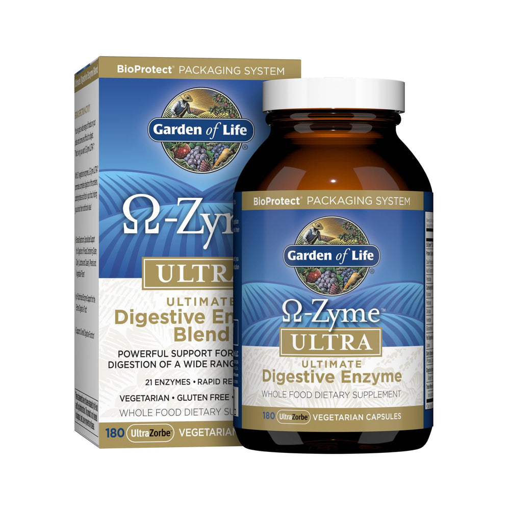 Garden of Life Omega-Zyme Ultra bottle pour shows post-meal digestion support.