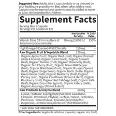 Garden of Life open capsule reveals D3 powder mix with easy mixing option.