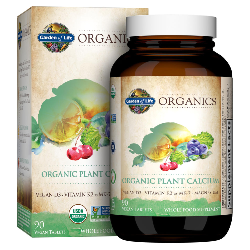 Garden of Life organic calcium bottle highlighting natural absorption from algae.