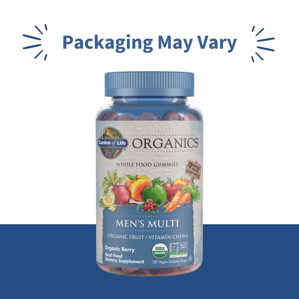 Garden of Life Organics Men's Multi Gummies close-up of berry chews for daily energy.