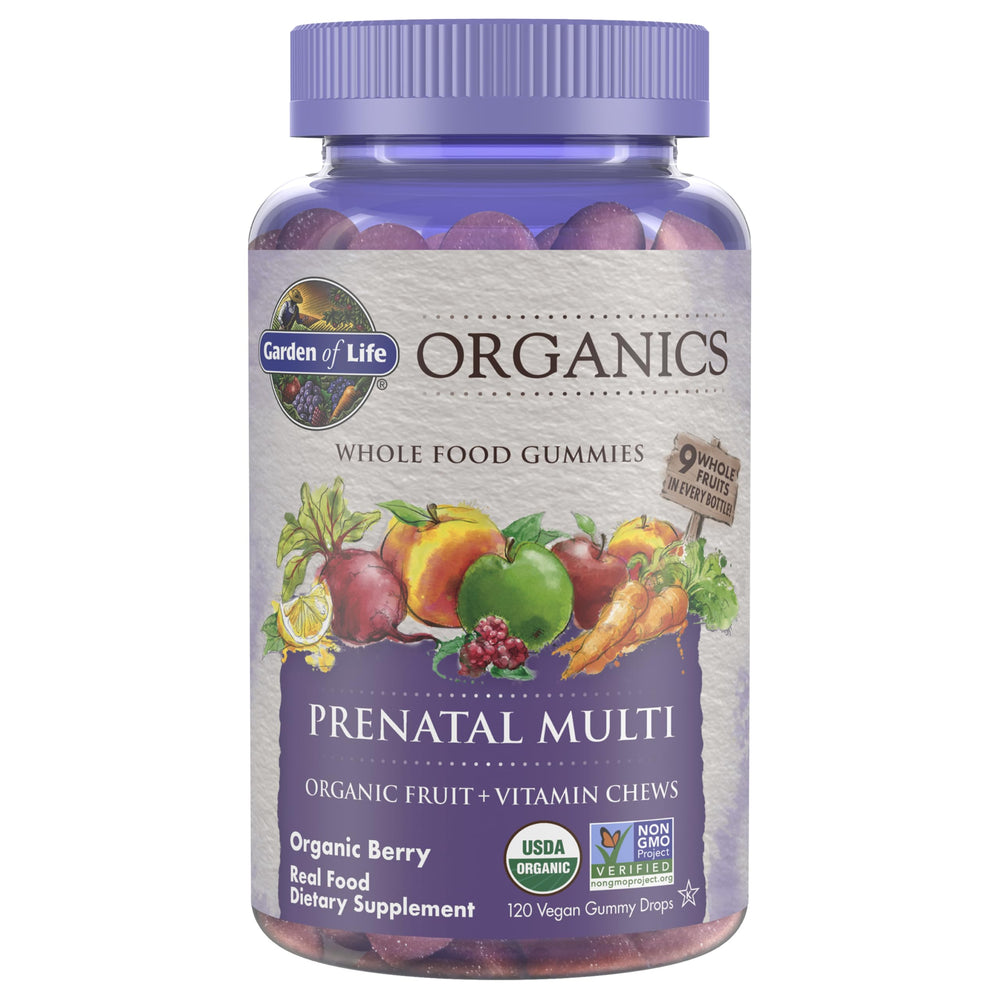 Garden of Life Organics Prenatal Gummies bottle front with berry flavor for convenient daily nutrition