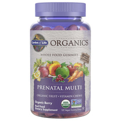 Garden of Life Organics Prenatal Gummies bottle front with berry flavor for convenient daily nutrition