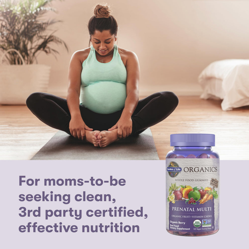Garden of Life Organics Prenatal Gummies shown with meals for daily use
