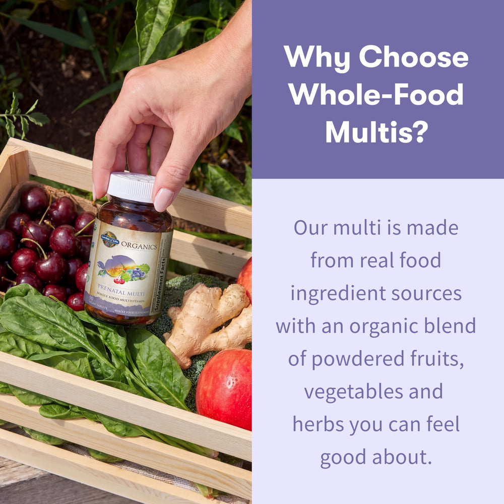 Garden of Life Organics Prenatal Multi three-tablet daily with food—practical dosing
