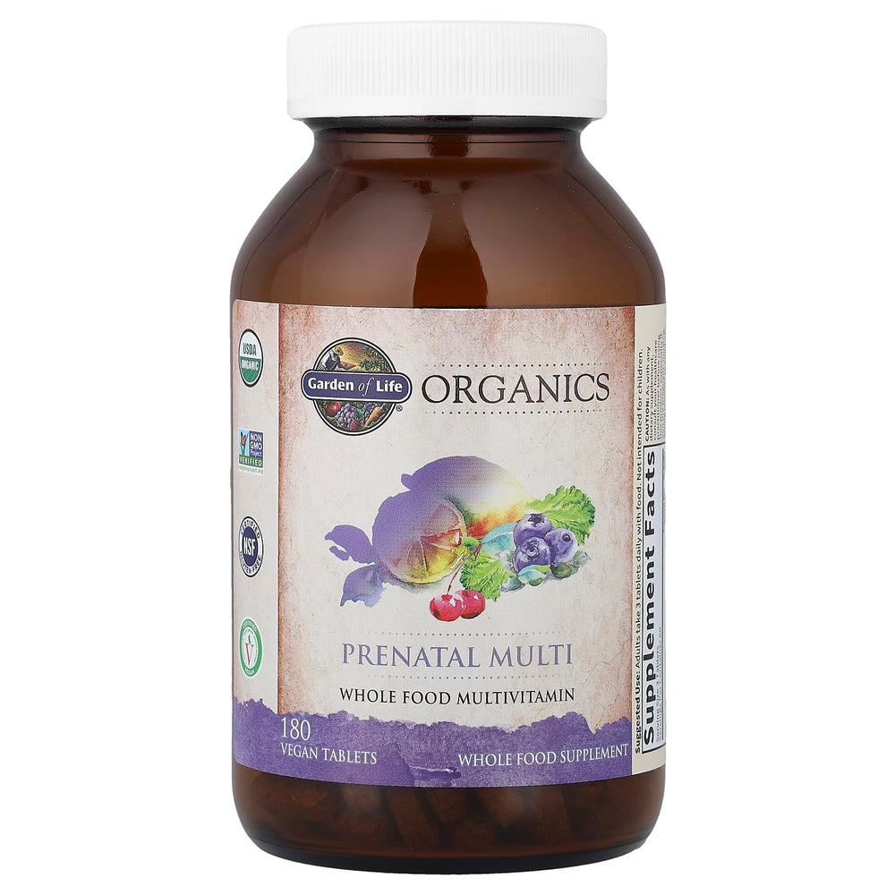 Garden of Life Organics prenatal offers whole-food nutrition from 30+ organic fruits and vegetables.