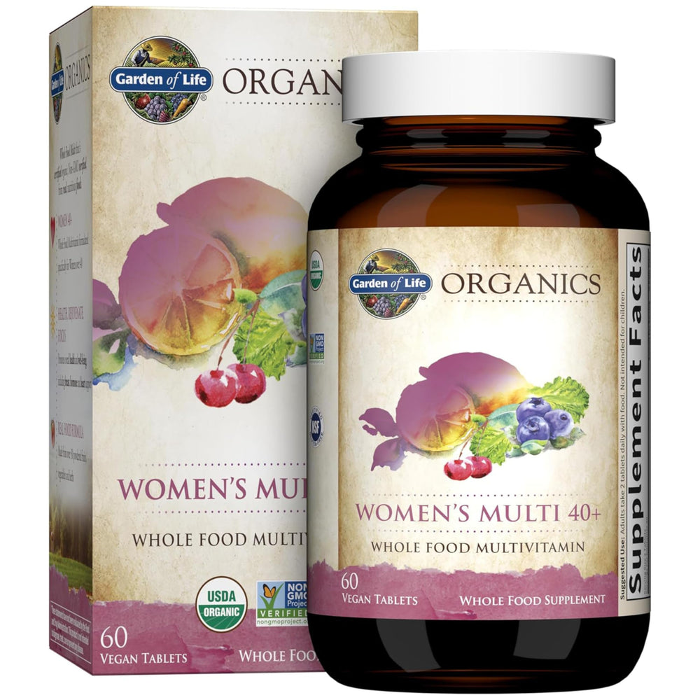 Garden of Life Organics Women 40+ bottle front for daily wellness with organic vitamins.