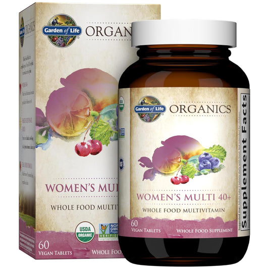 Garden of Life Organics Women 40+ bottle front for daily wellness with organic vitamins.