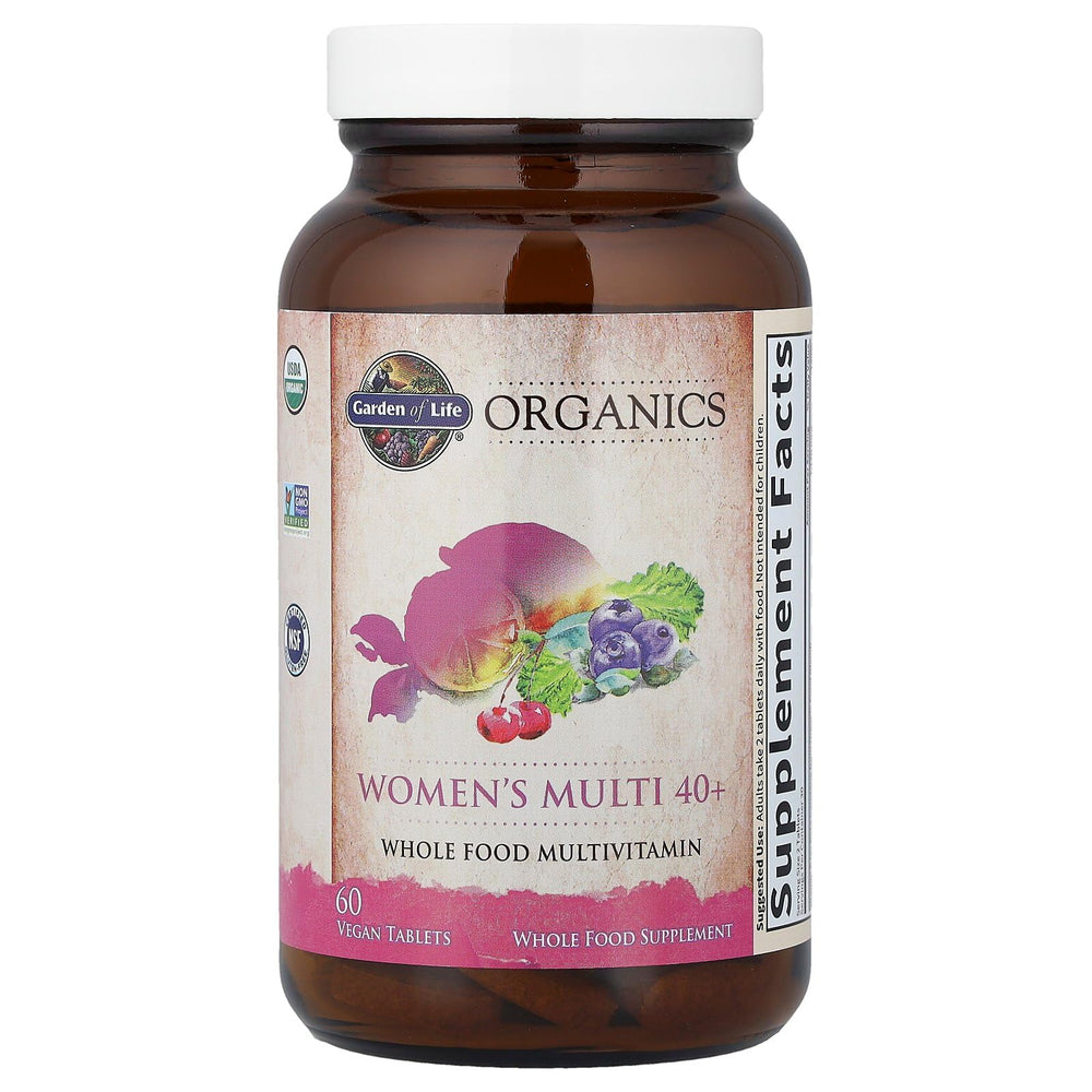 Garden of Life Organics Women 40+ tablets closeup showing two-tablet daily dose.