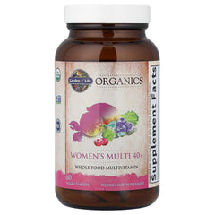Garden of Life Organics Women 40+ tablets closeup showing two-tablet daily dose.