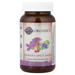 Ingredients board behind Garden of Life Organics Women’s Multivitamin tablet