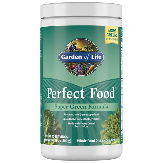 Garden of Life Perfect Food green formula bottle showing convenient daily greens