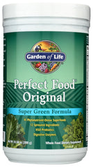 Garden of Life Perfect Food Powder bottle front view for daily greens.