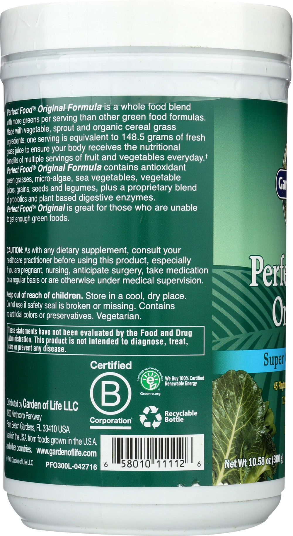 Garden of Life Perfect Food Powder ingredients spread showing greens and sprouts.