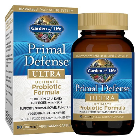 Garden of Life Primal Defense Ultra bottle with 90 capsules for daily digestive support
