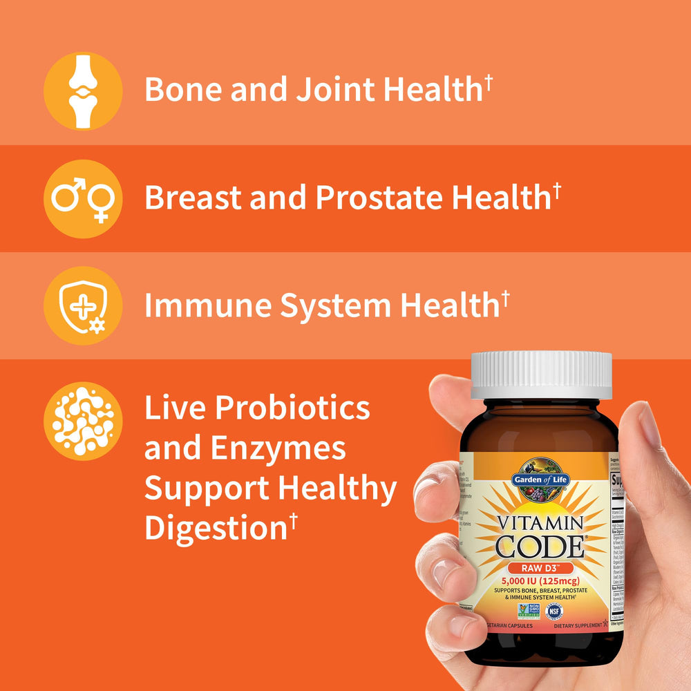 Garden of Life raw D3 capsules close-up, highlighting raw whole-food ingredients.