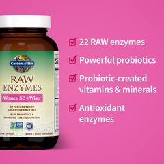 Woman over 50 with RAW Enzymes bottle signaling age-tailored digestive support