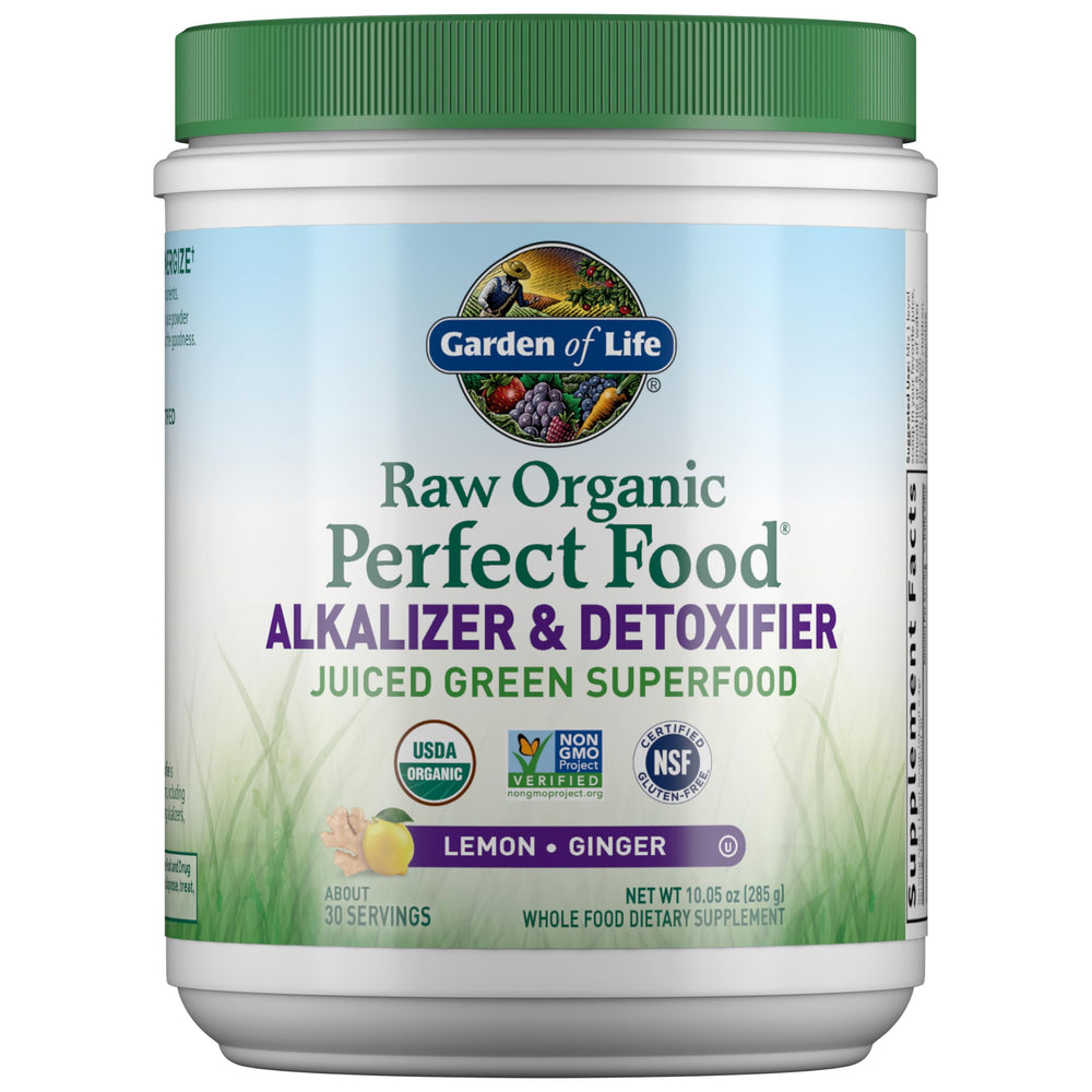 Garden of Life Raw Organic Perfect Food bottle showing convenient daily greens for balanced nutrition