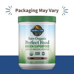 Garden of Life Raw Organic Perfect Food Chocolate label closeup highlighting organic greens and probiotics.