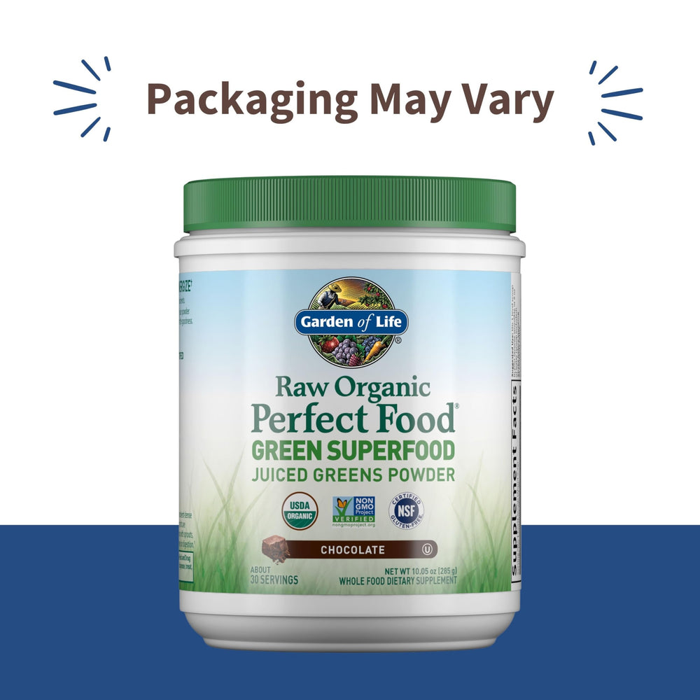 Garden of Life Raw Organic Perfect Food Chocolate powder, convenient on-the-go.