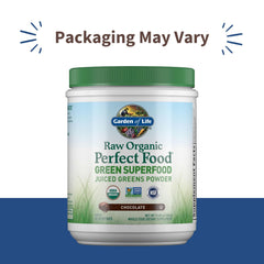Garden of Life Raw Organic Perfect Food Chocolate powder, convenient on-the-go.