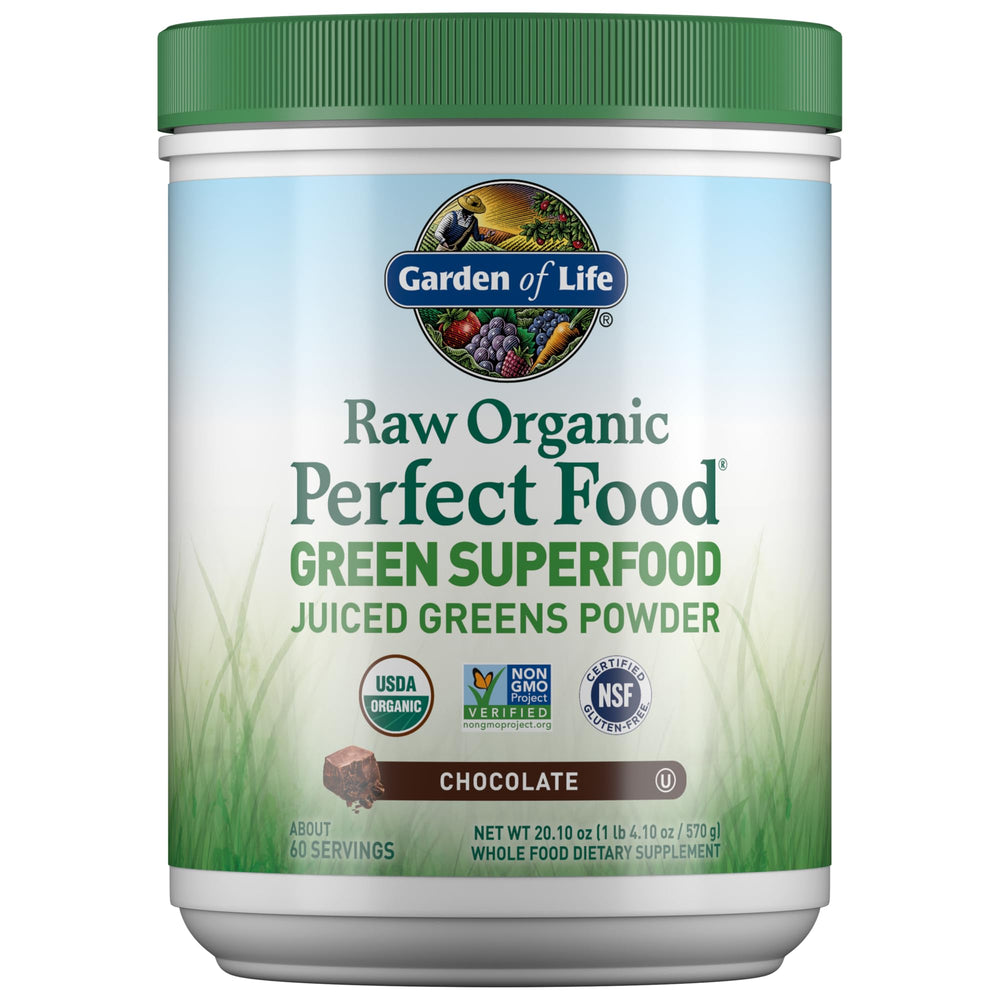 Garden of Life Raw Organic Perfect Food Chocolate tub front showing a rich, energy-boosting greens powder.