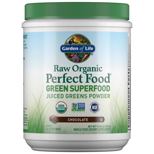 Garden of Life Raw Organic Perfect Food Chocolate tub, daily greens boost.