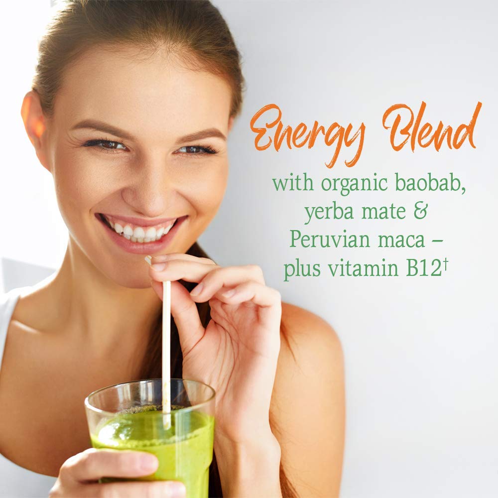 Garden of Life Raw Organic Perfect Food Energizer green powder jar showing raw greens and probiotics