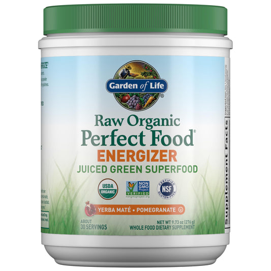 Garden of Life Raw Organic Perfect Food Energizer bottle with yerba mate and pomegranate for daily energy