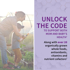 Garden of Life RAW Prenatal bottle back view shows ingredients and nutrient highlights.