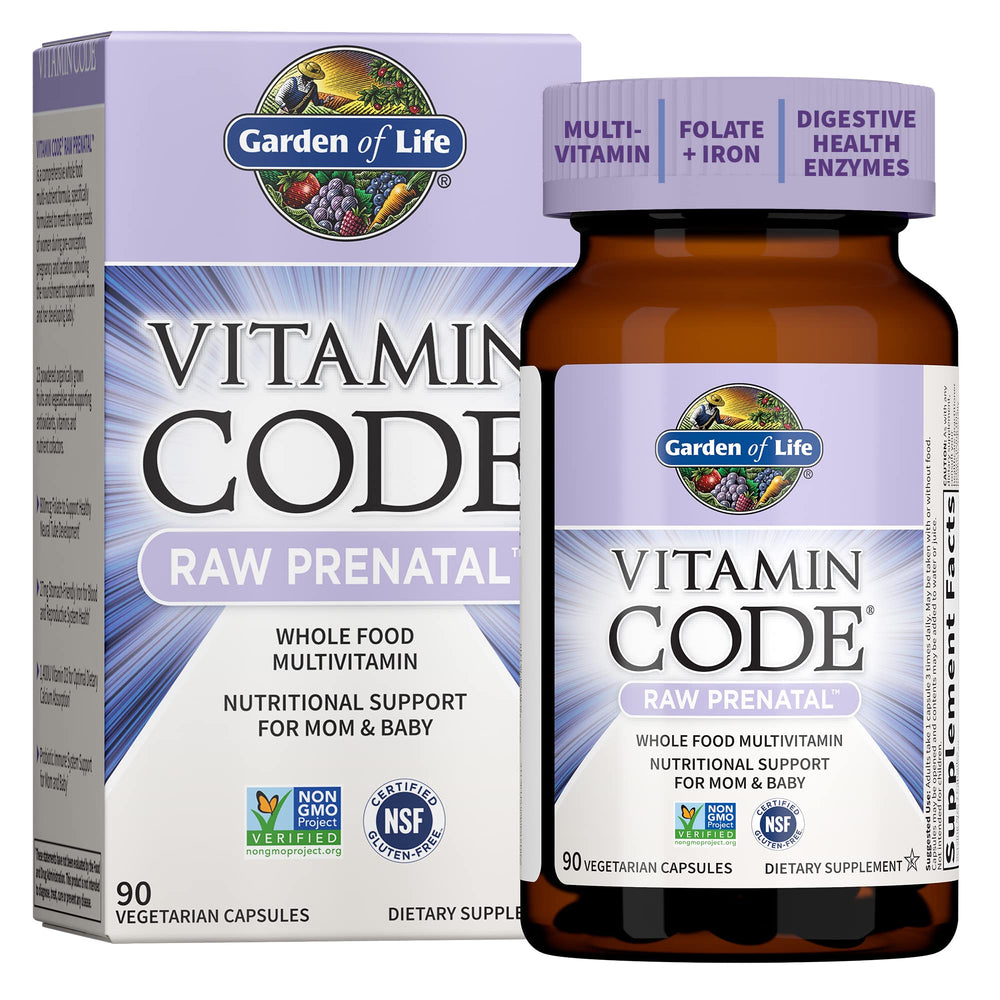 Garden of Life RAW Prenatal bottle front view with whole-food nutrients for mom and baby.