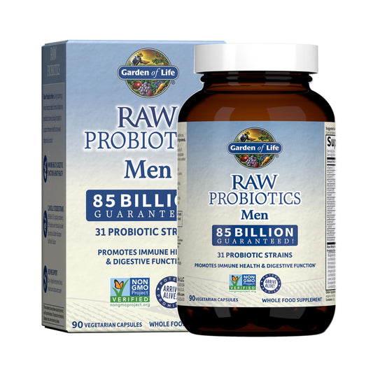 Garden of Life RAW Probiotics Men bottle with 90 capsules for immune and digestion support.