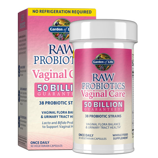 Garden of Life Raw Probiotics Vaginal Care bottle front shows 50B CFU and 38 strains