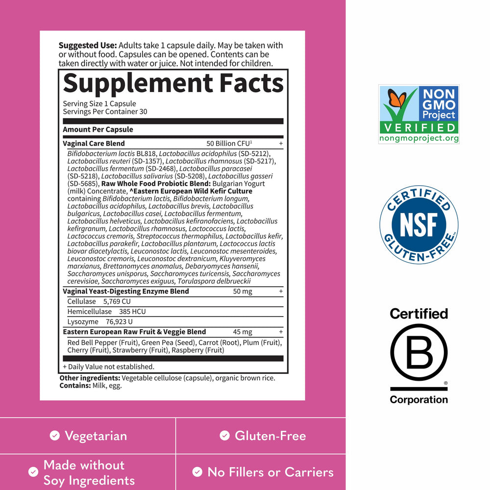 Garden of Life Vaginal Care ingredients list highlights Bulgarian yogurt concentrate and kefir culture